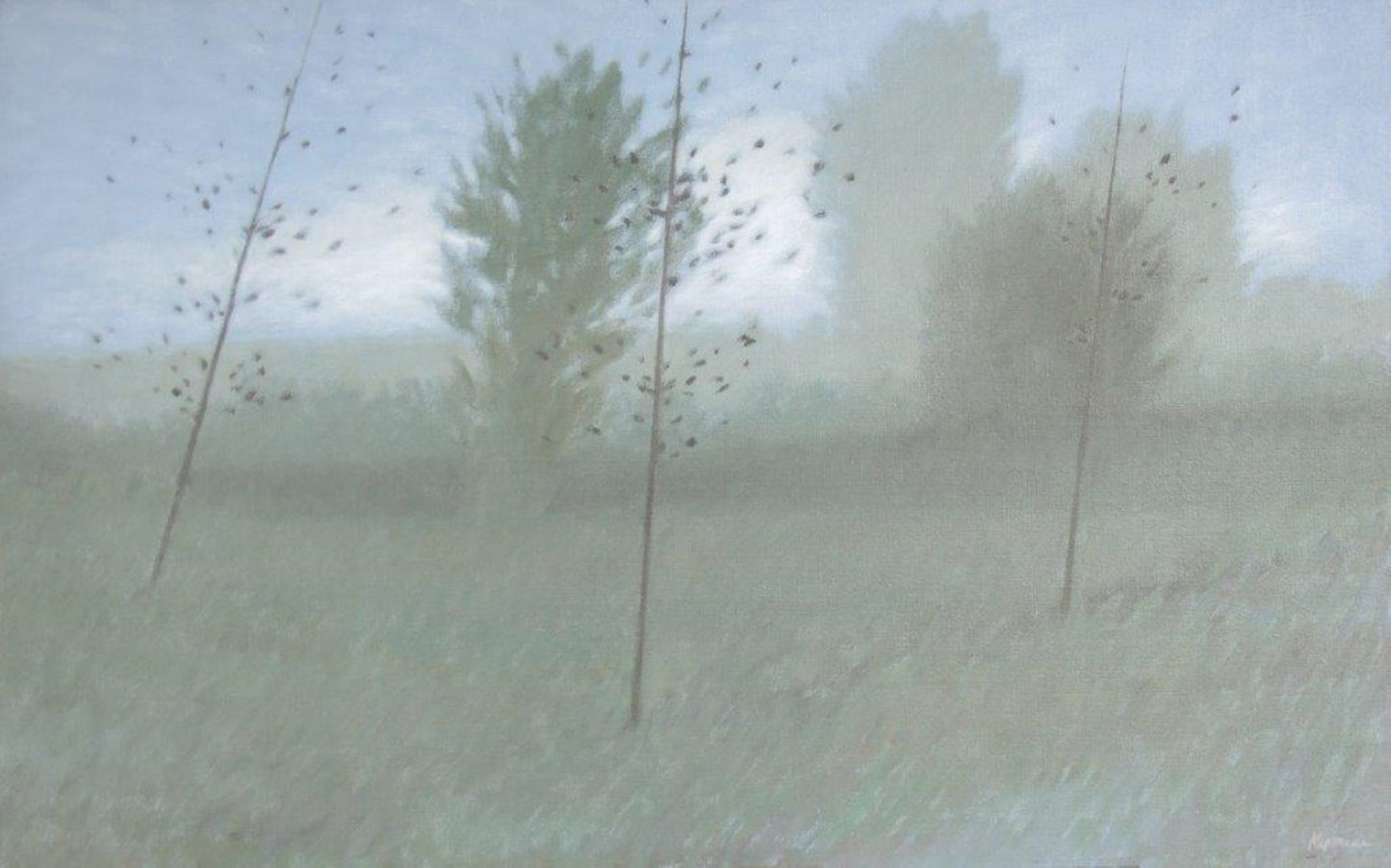 "Three trees at dusk"