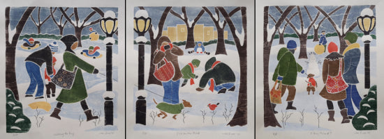 “Winter (Triptych) Walking the Dog, Eye on the Bird, A New Friend?”