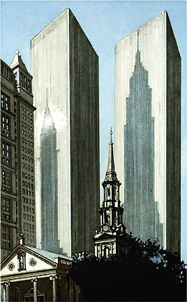 “Shadows of the Empire State and Chrysler Building on World Trade Towers”